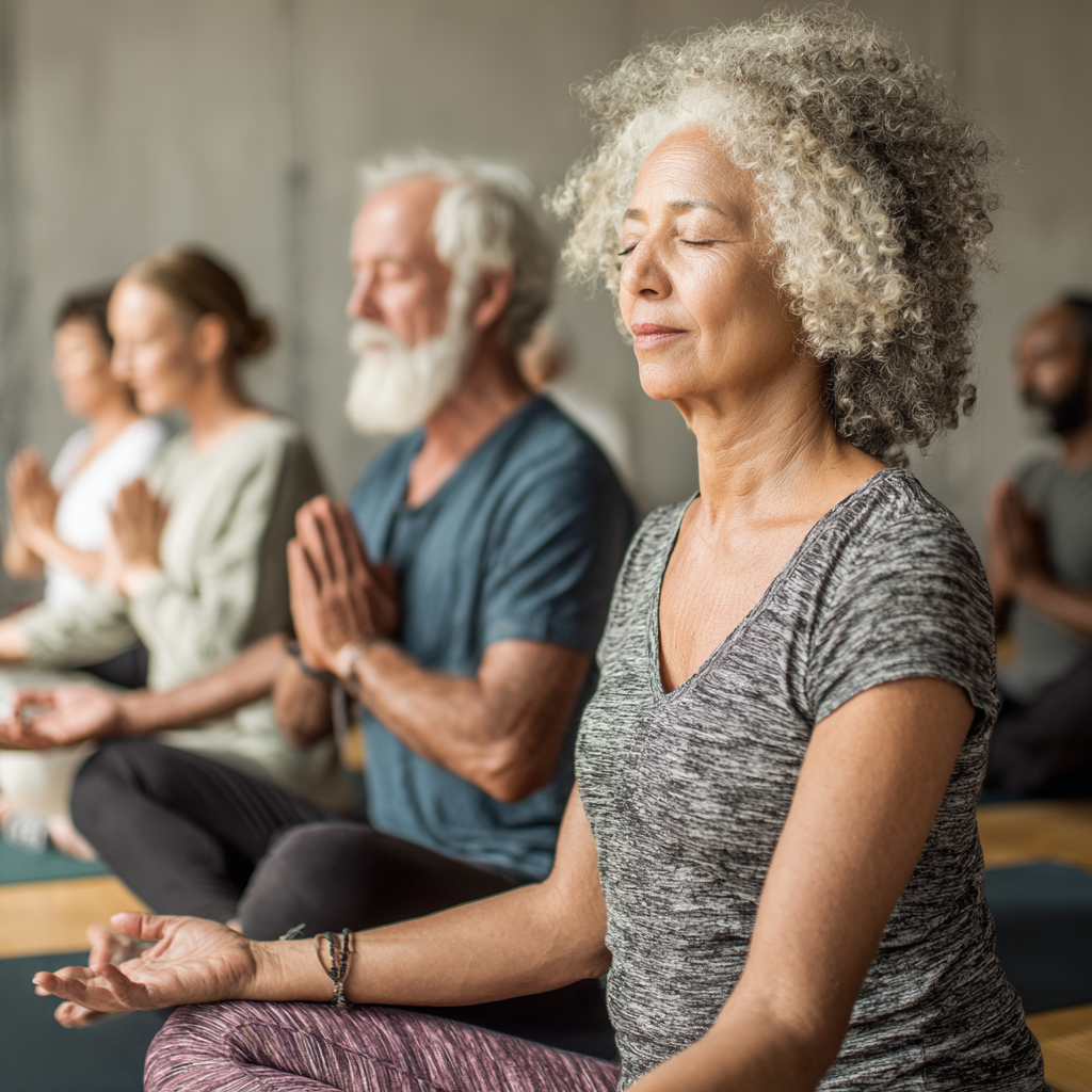 Diverse group of older adults practicing yoga in peaceful studio environment