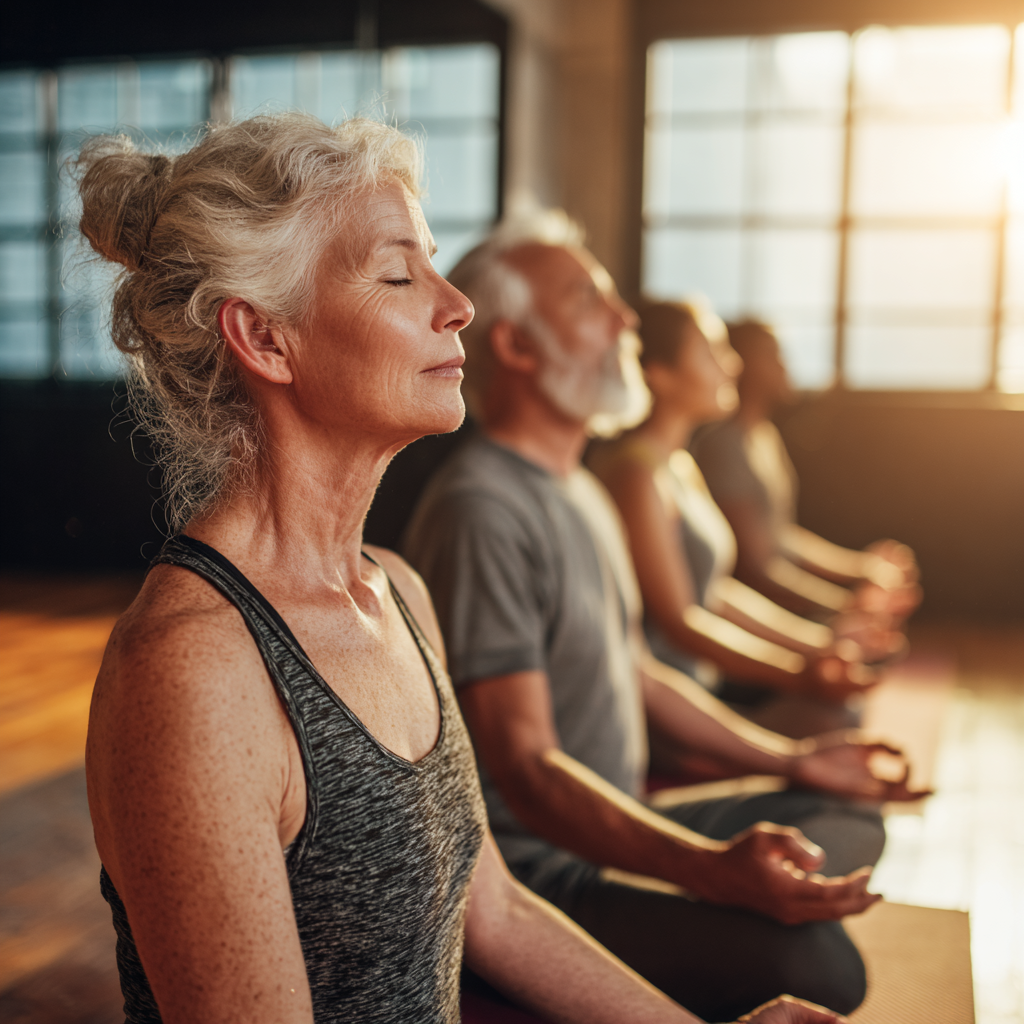 Middle-aged adults practicing gentle yoga in natural lighting